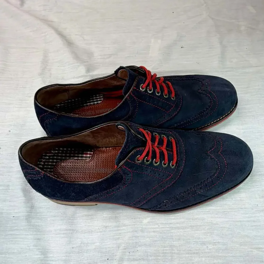 Johnston & Murphy Navy Blue Suede Wingtip Oxford Brogues with Red Laces